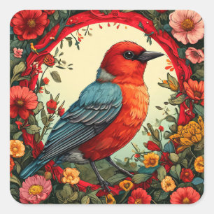 🌸 Red Bird Floral Frame Nature Garden Decor  Square Sticker