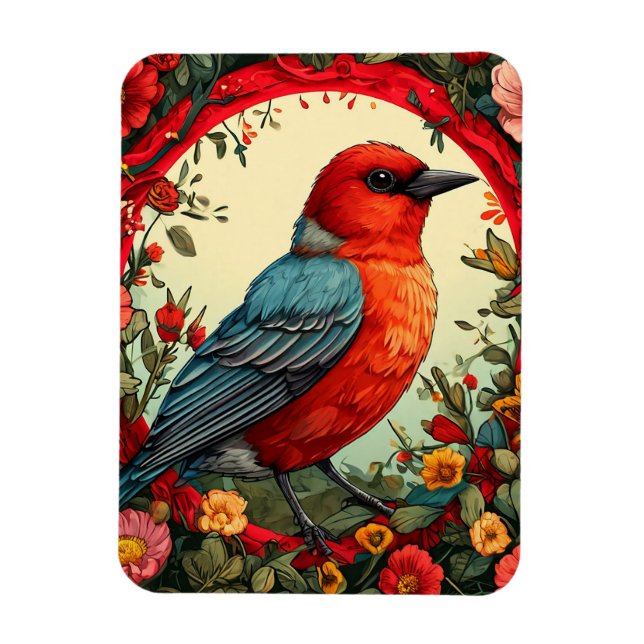 🐦 Red Bird Floral Wreath Nature Decor 🌸 Magnet (Vertical)