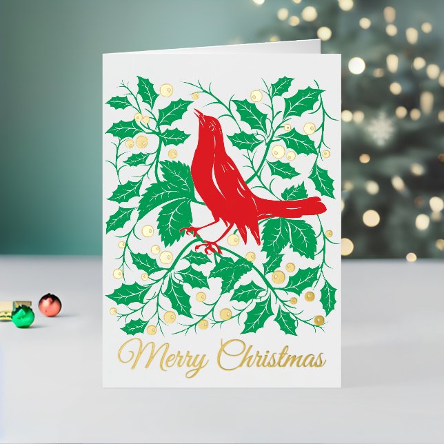 Red Bird & Holly Folded Foil Holiday Card (Holiday In Situ 2)