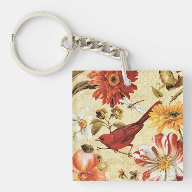 Red Bird in a Flower Garden Key Ring (Front)