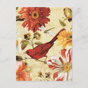 Red Bird in a Flower Garden Postcard