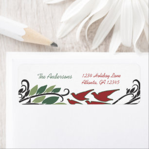 Red Bird Leaf Swirl Art Nouveau Return Address