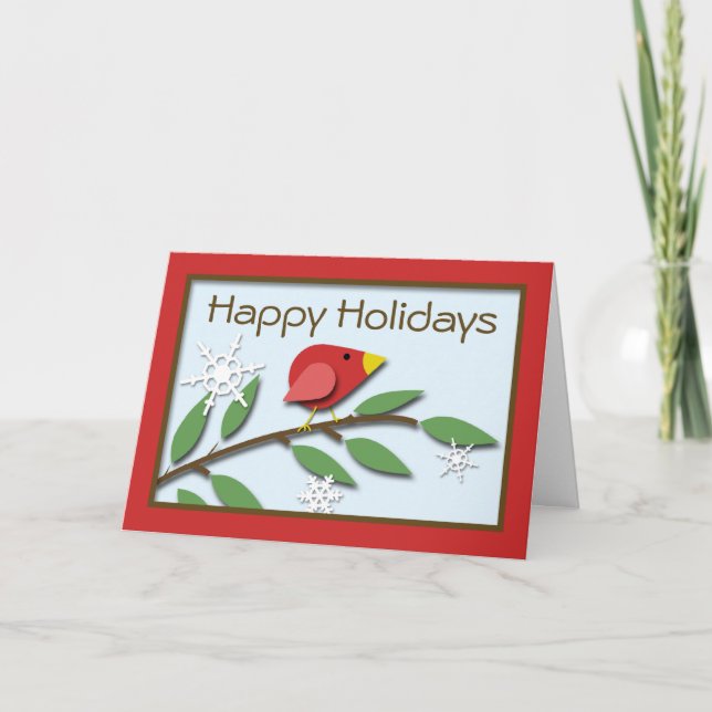 Red Bird on a Branch "Happy Holidays" Card (Front)