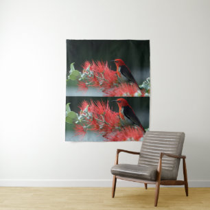 Red Bird on Green Branch Wall Art – Striking Tapestry