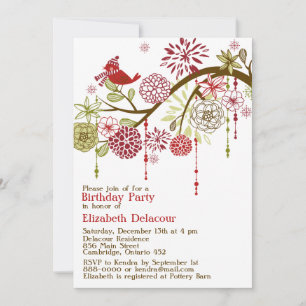 Red Bird Whimsical Winter Birthday Invitation