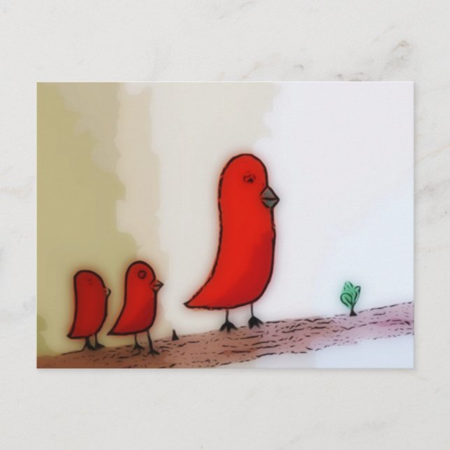 Red Bird With Babies Art Postcard (Front)