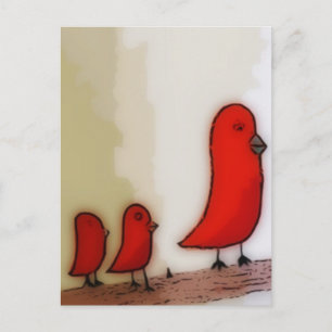 Red Bird With Babies Art Postcard