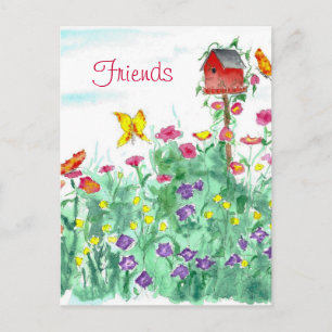 Red Birdhouse Butterfly Flower Garden Friends Postcard