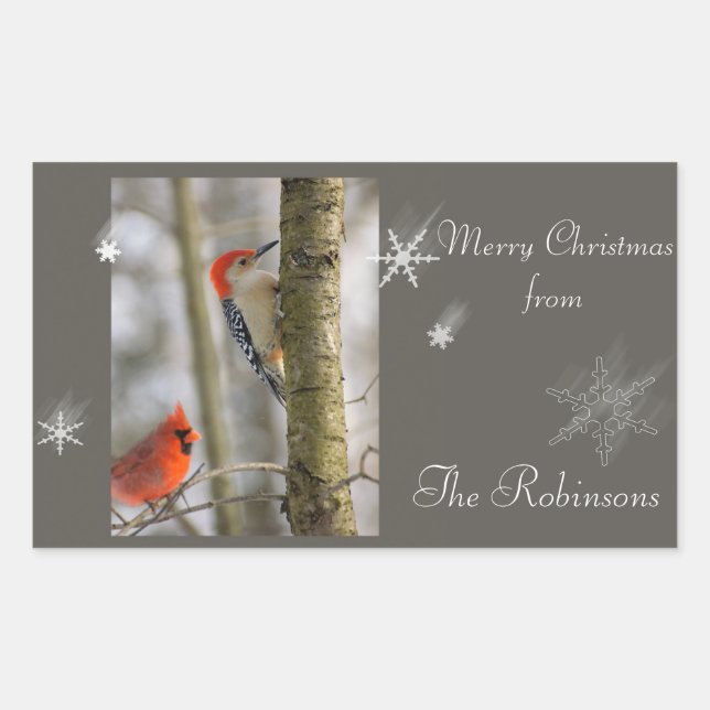 Red Birds Cardinal Woodpecker Snow Flake Christmas Rectangular Sticker (Front)