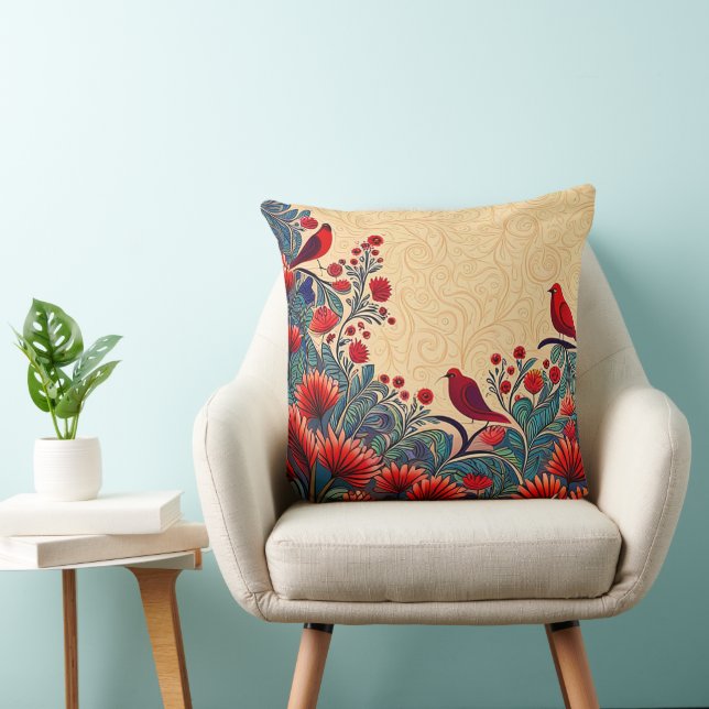 Red Birds, Floral Abstract Folksy Swirls Cushion (Chair)