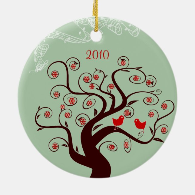 Red Birds Swirl Tree Christmas Photo Ornament (Back)