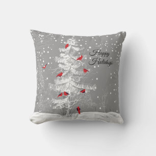 Red Birds, White Christmas Cushion