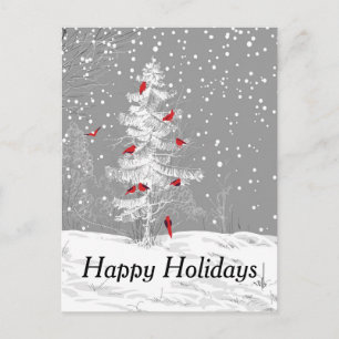 Red Birds, White Christmas, Happy Holidays, snow Holiday Postcard