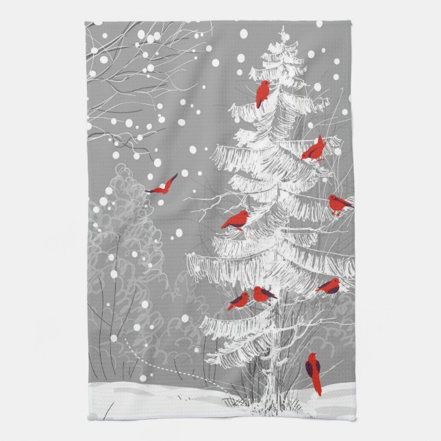 Red Birds, White Christmas Tea Towel (Vertical)