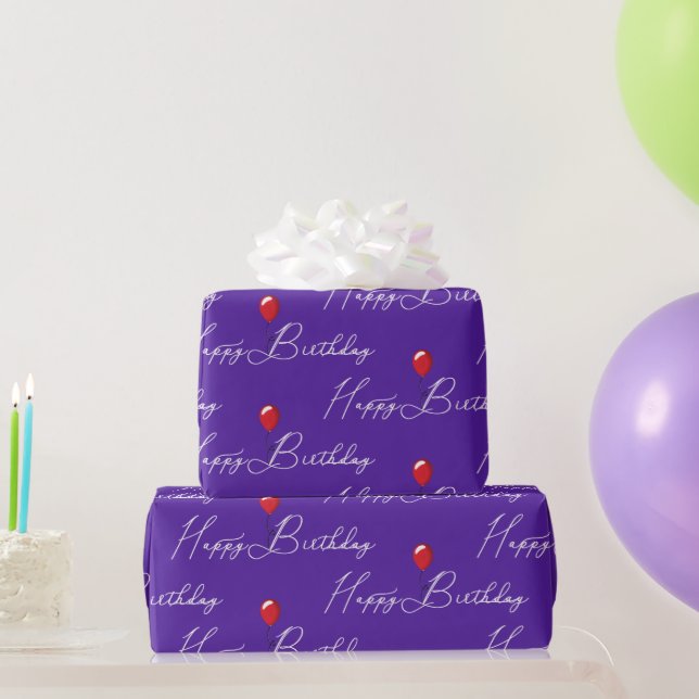 Red Birthday Balloon on Purple Wrapping Paper (Party Gifts)