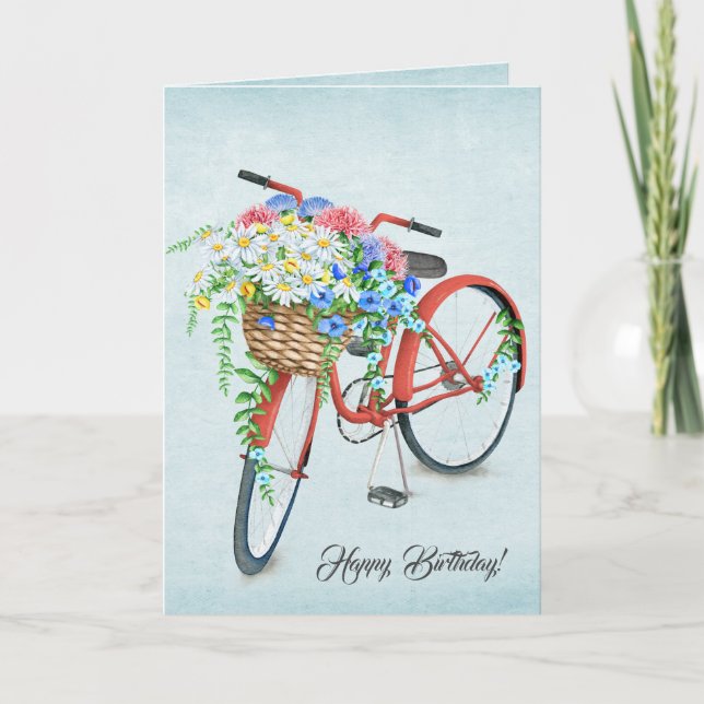 Red Birthday Bicycle Flower Basket Card (Front)