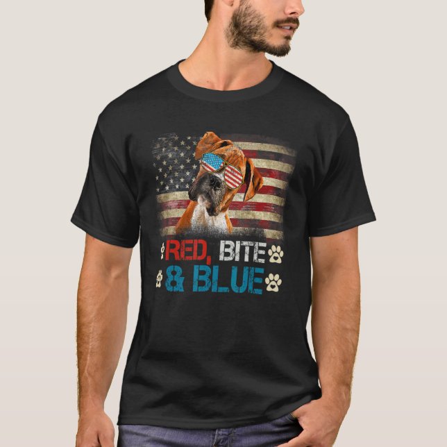 Red Bite And Blue Boxer Dog American Usa Flag 4th  T-Shirt (Front)