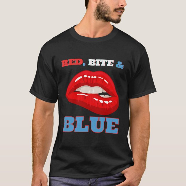 Red Bite Blue Fun Lips Biting Th Mouth Kiss T-Shirt (Front)