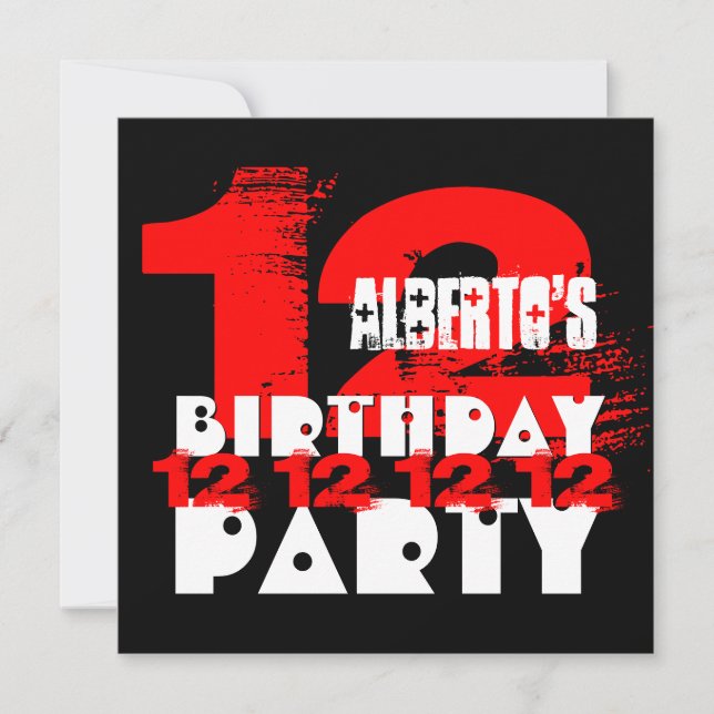 RED BLACK 12th Birthday Party 12 Year Old V03 Invitation (Front)