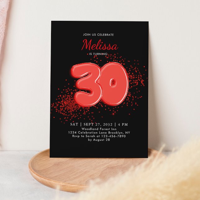 Red Black 30th Balloons Confetti Adult Birthday Invitation (Creator Uploaded)