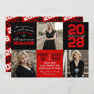Red & Black 3 Photo Graduation Invitation