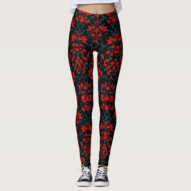 Red Black Abstract Pattern Leggings (Front)