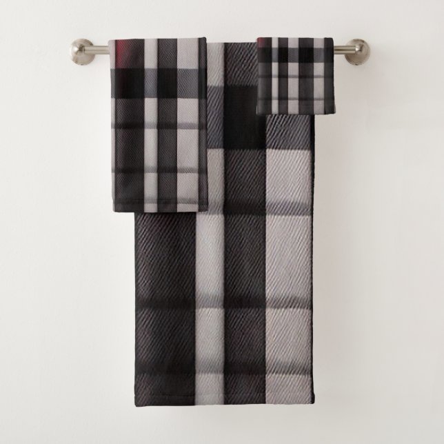 Red Black Abstract Plaid Modern Collection Bath Towel Set (Insitu)