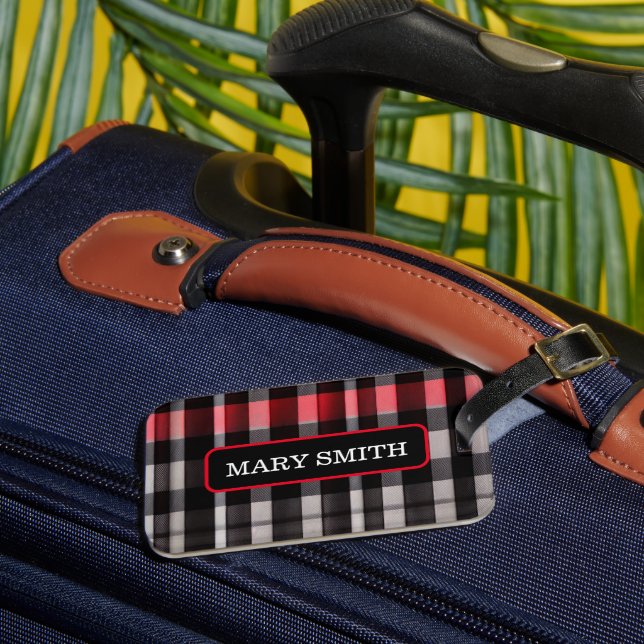 Red Black Abstract Plaid Modern Collection Luggage Tag (Front Insitu 3)