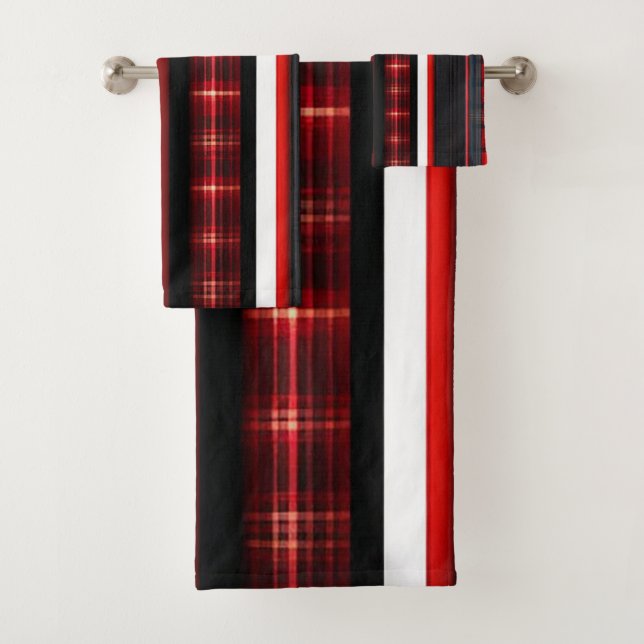 Red Black Abstract Plaid Trendy Collection Bath Towel Set (Insitu)