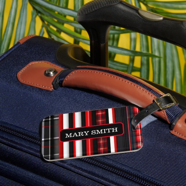 Red Black Abstract Plaid Trendy Collection Luggage Tag (Front Insitu 3)