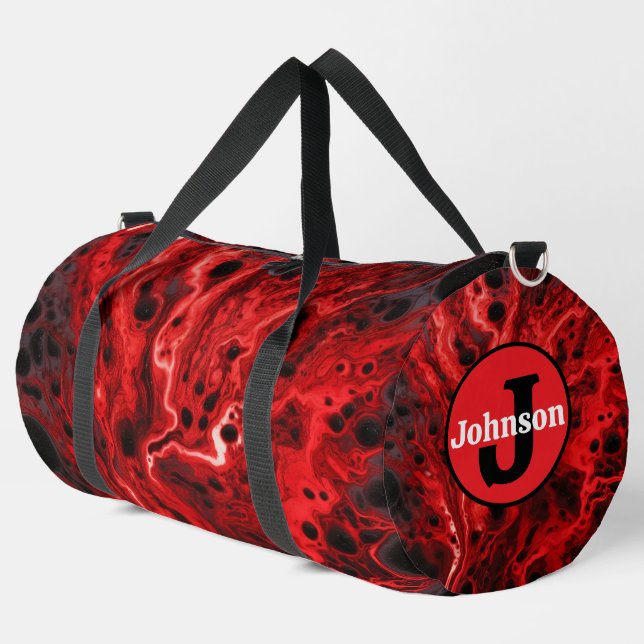 Red Black Abstract Swirls Monogram Personalised Duffle Bag (Left Corner)