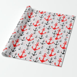 Red Black Anchor With White Background Pattern Wrapping Paper