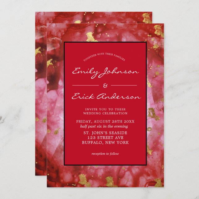 Red Black and Gold Agate Crystals Wedding Invitation (Front/Back)