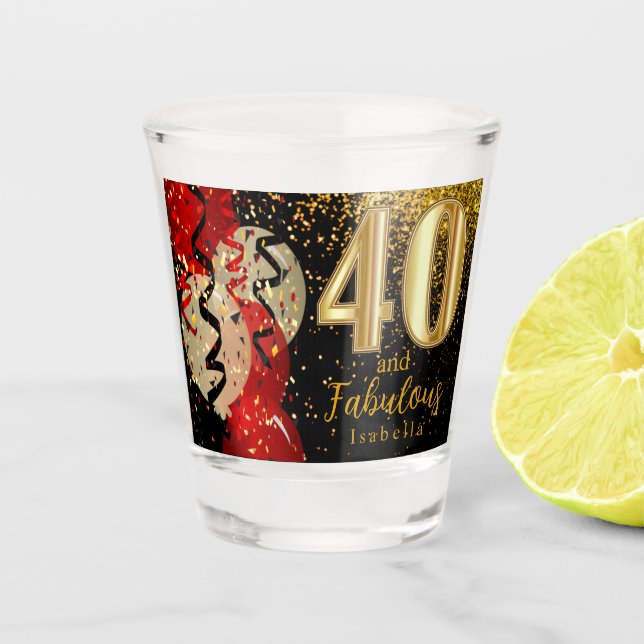 Red, Black and Gold Glitter 40th Birthday Shot Glass (Front)