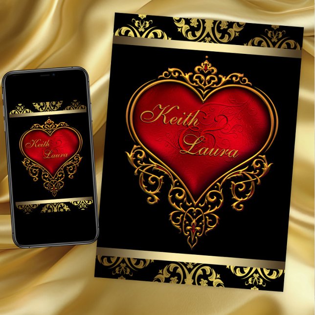 Red Black and Gold Heart Wedding Invitation (Creator Uploaded)