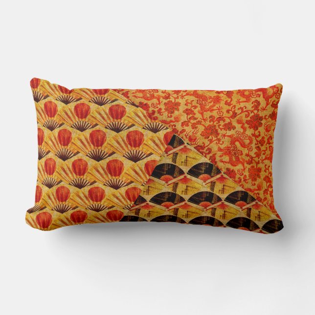 Red Black and Gold Japanese Patterns Lumbar Cushion (Front)