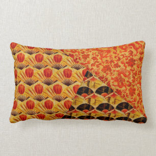 Red Black and Gold Japanese Patterns Lumbar Cushion