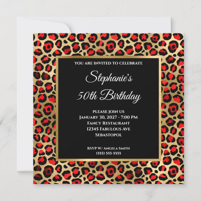 Red Black and Gold Leopard Glam 50th Birthday Invitation (Front)