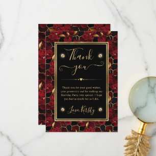 Red Black and Gold Marble Floral Birthday Thank You Card