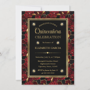 Red Black and Gold Marble Floral Quinceanera Invitation