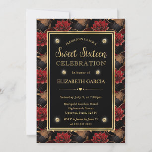 Red Black and Gold Marble Floral Sweet Sixteen Invitation