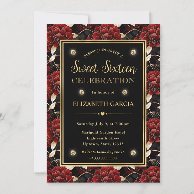 Red Black and Gold Marble Floral Sweet Sixteen Invitation (Front)