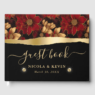 Red Black and Gold Marble Floral Wedding Guest Book