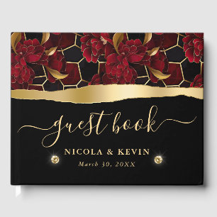 Red Black and Gold Marble Floral Wedding Guest Book