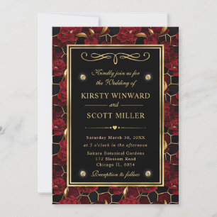 Red Black and Gold Marble Floral Wedding Invitation