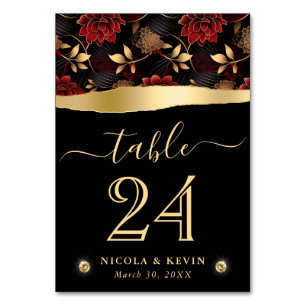 Red Black and Gold Marble Floral Wedding Table Number