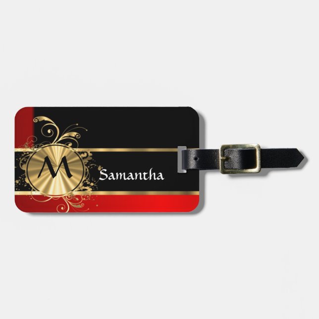 Red black and gold monogram luggage tag (Front Horizontal)