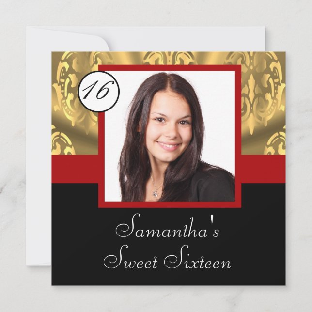 Red, black and gold photo sweet sixteen invitation (Front)