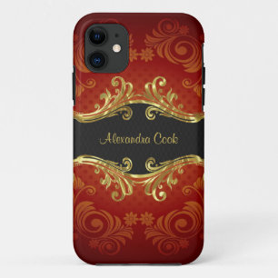 Red Black And Gold Tones Vintage Swirls-Monogram iPhone 11 Case
