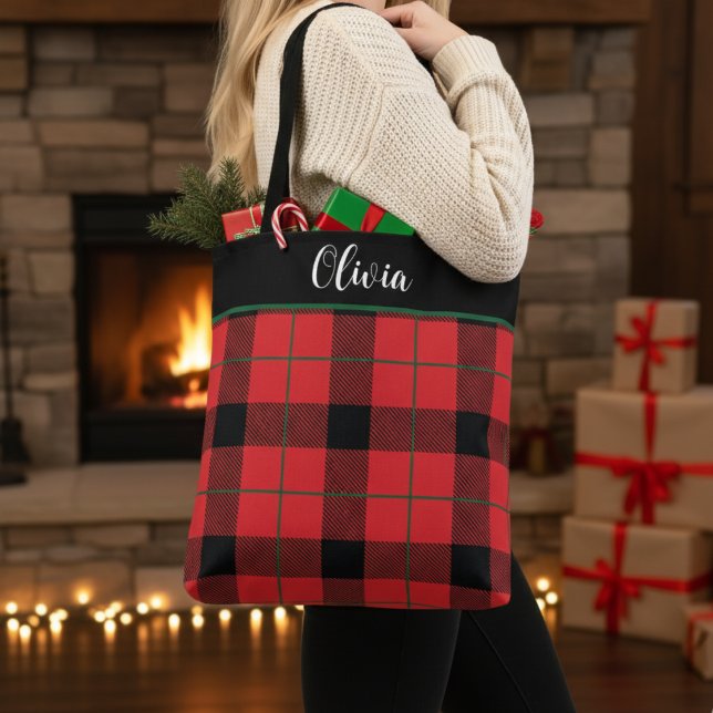 Red, Black and Green Christmas Plaid Custom Tote Bag (Red, Black and Green Christmas Plaid Custom Tote Bag - Just Add Your Name!)